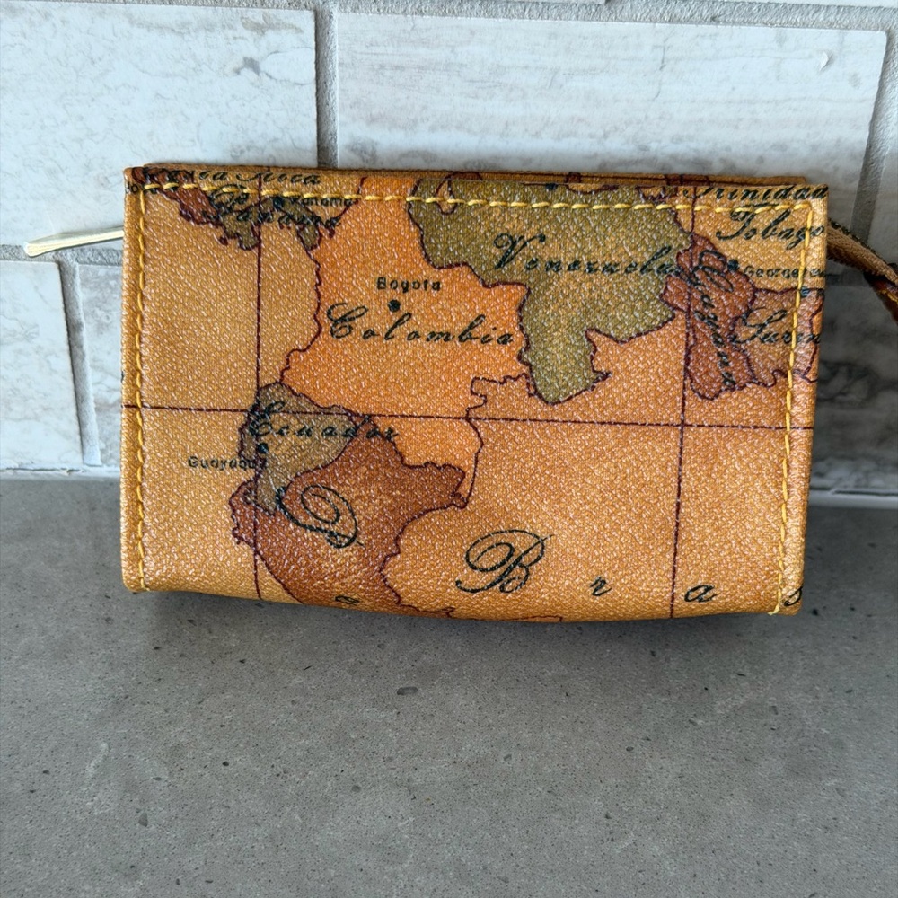 Alviero Martini Mini Map Print Wallet in Tan and Brown